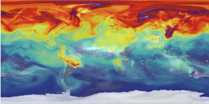 Animation 3: Riding on large-scale weather patterns, CO2 pollution circulates around the global. What is not absorbed by oceans and terrestrial carbon “sinks” accumulates in the atmosphere to produce the greenhouse effect. It has become a global problem whose solution requires a sustained and collaborative international response. 