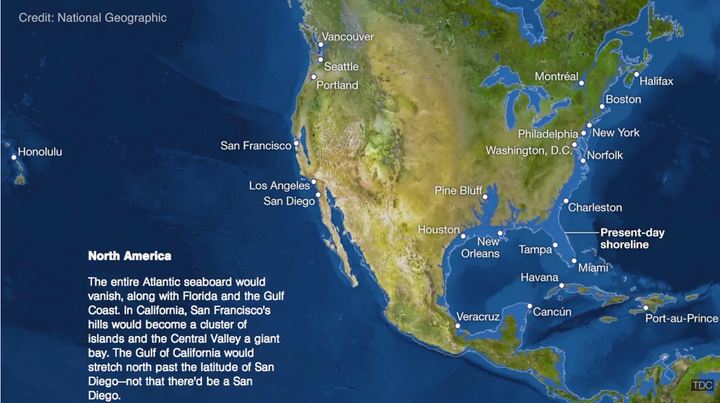 Animation 7: With warmer oceans expanding and with polar ice melting, NASA reports that sea levels are rising by 0.35 millimeters per year. While that sounds like very little, some coastal communities in America’s Mid-Atlantic region are experiencing floods more than 45 days per year. In parts of New Jersey, floods are 10 times more common than in the 1950s. This animation shows that If all of the Earth’s ice melted, seas would put some of the world’s largest cities completely underwater. 