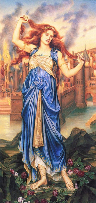 Cassandra in front of the burning city of Troy at the peak of her insanity.