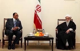 Ayatollah Ahmad Jannati, head of the Council of Guardians, with Minister Louis Farrakhan, leader of the Nation of Islam, on occasion of the 37th anniversary celebrations of the Islamic Republic, Tehran, February 2016. 