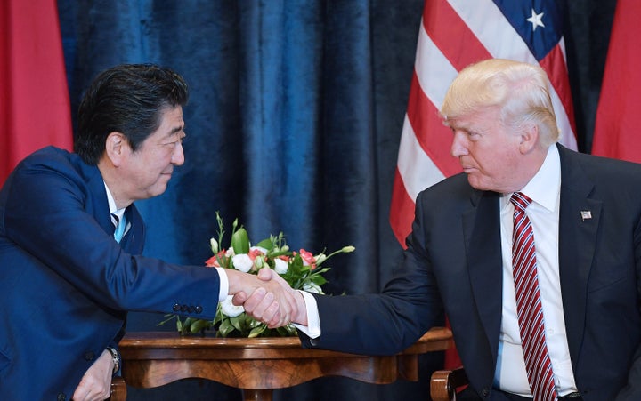Japanese Prime Minister Shinzo Abe, left, discussed North Korea during a meeting with President Donald Trump on Friday o