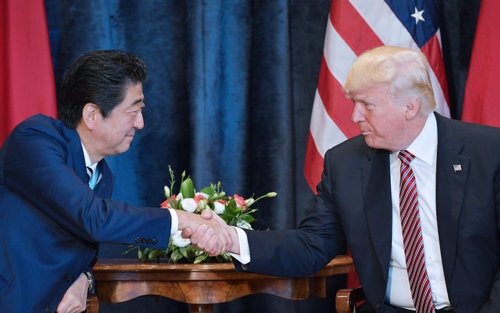 Japanese Prime Minister Shinzo Abe, left, discussed North Korea during a meeting with President Donald Trump on Friday on the sidelines of the Summit of the Heads of State and of Government of the G7.