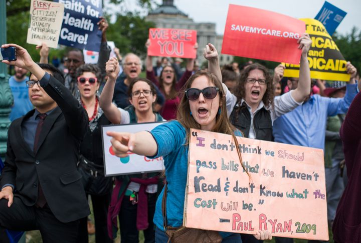 Women protest the AHCA at the Capitol in Washington D.C. earlier this month. 