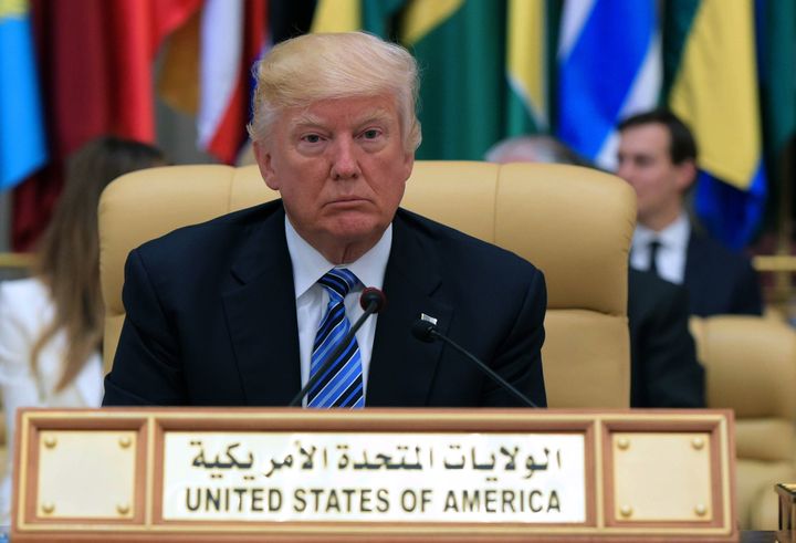 President Donald Trump is seated during the Arab Islamic American Summit at the King Abdulaziz Conference Center in Riyadh on May 21, 2017.