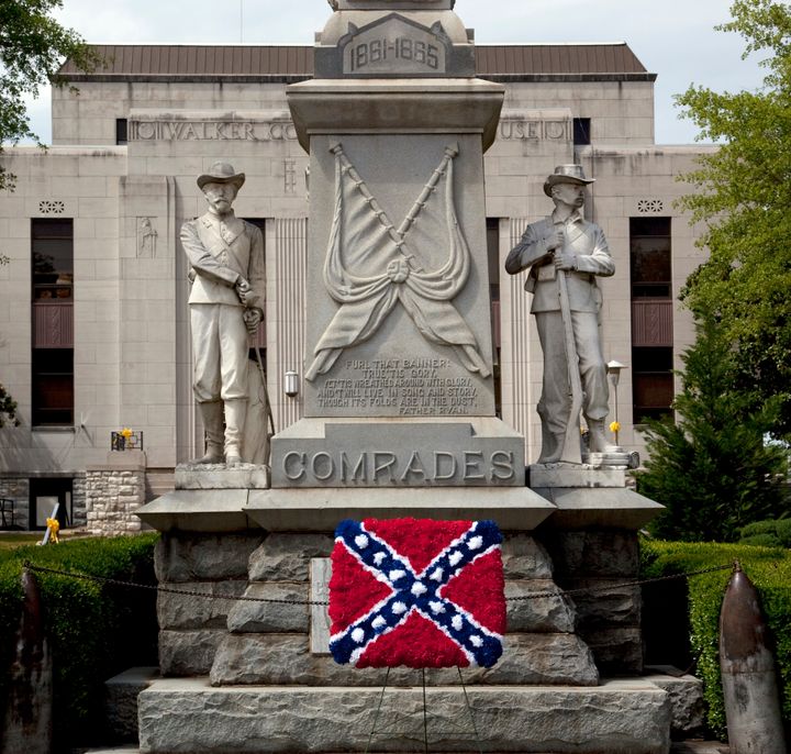 A Confederate memorial, with an added Confederate flag made out of flowers, is shown in Jasper, Alabama, in 2010.