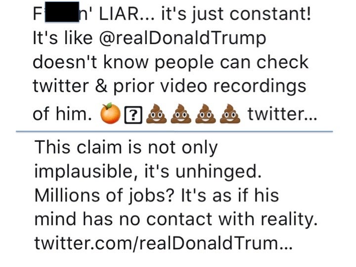 Two representative tweets in response to President Trump’s recent claims that his recent overseas trip to the Middle East and Europe has been “very successful” despite conflicting evidence and controversy along the way.