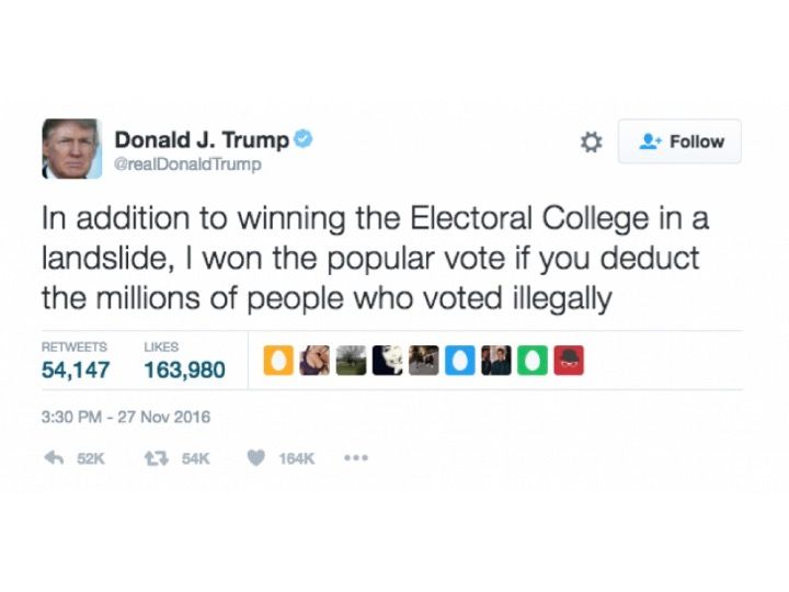 In posting boastful tweets like this, which also includes a false statement, Trump is able to “lean on” his Electoral College victory to feel good “in the now.”