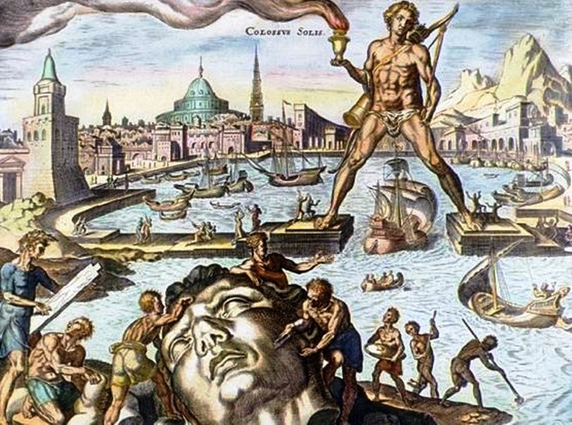 A hand-colored engraving of the Colossus of Rhodes, on of the Seven Wonders of the ancient world.