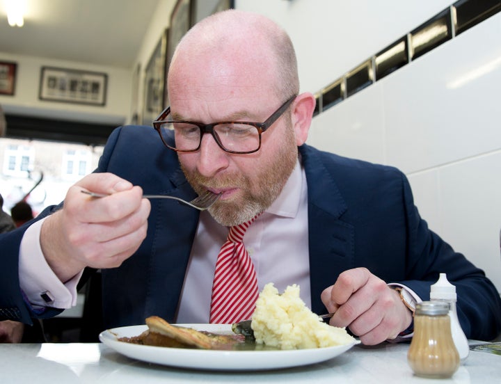 <strong>Nuttall eating pier and mash because that's what proper British people do, apparently.</strong>