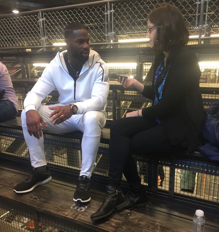 <p>Jacobs interviews DeMarco Murray for an article.</p>