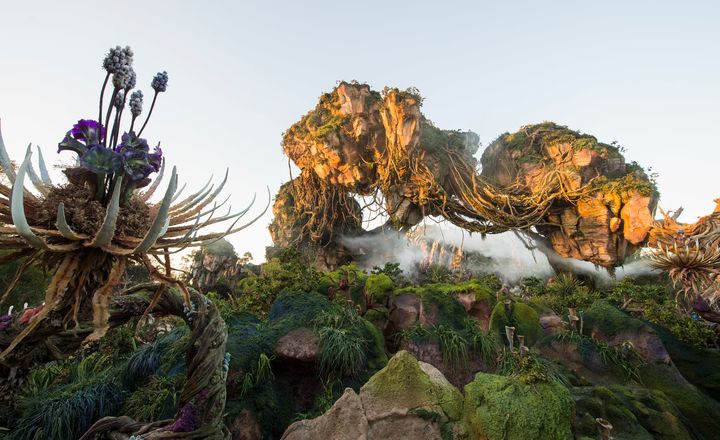 Floating mountains grace the skyline while exotic plants fill the colorful landscape inside Pandora - The World of Avatar 