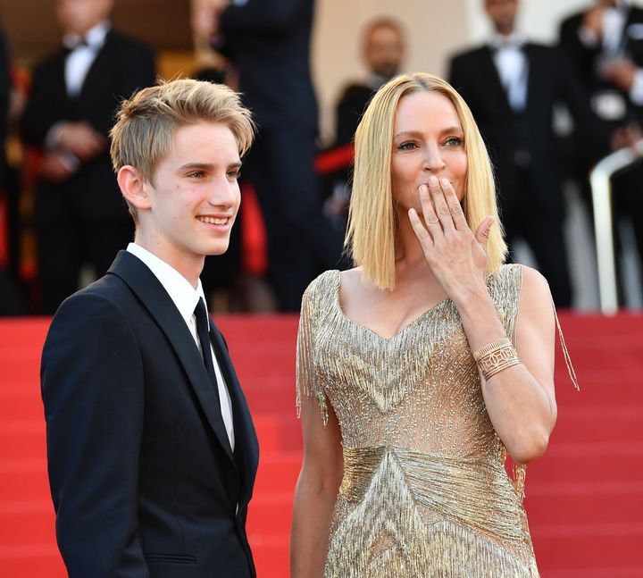 Actress Uma Thurman and her son Levon Roan Thurman-Hawke arrive for the Closing Awards Ceremony of the 70th annual Cannes Film Festival.