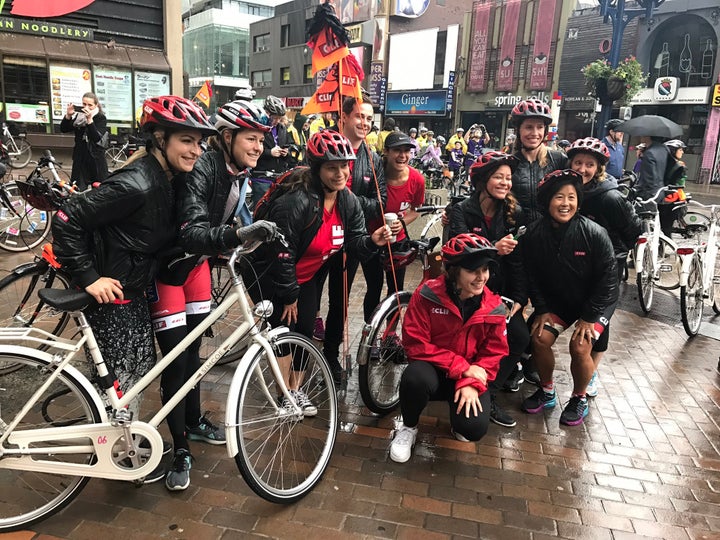 Many participants were on site to ride their bikes to Nathan Phillips Square this morning to celebrate Bike Month.