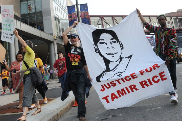 People in Cleveland protested the death of Tamir Rice outside the NBA Finals in 2015.