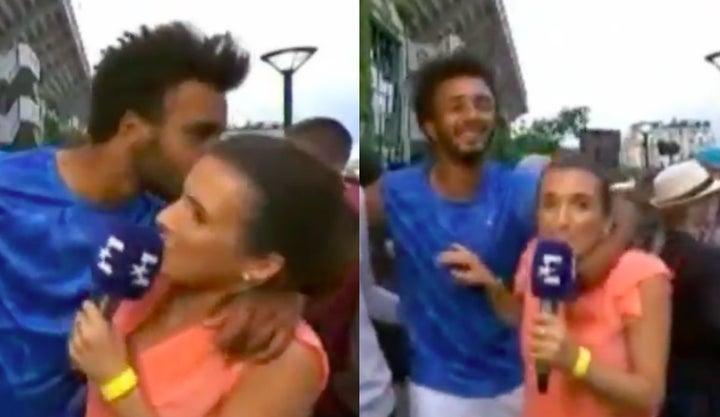 Tennis player Maxime Hamou forcibly grabbing and kissing sports journalist Maly Thomas.