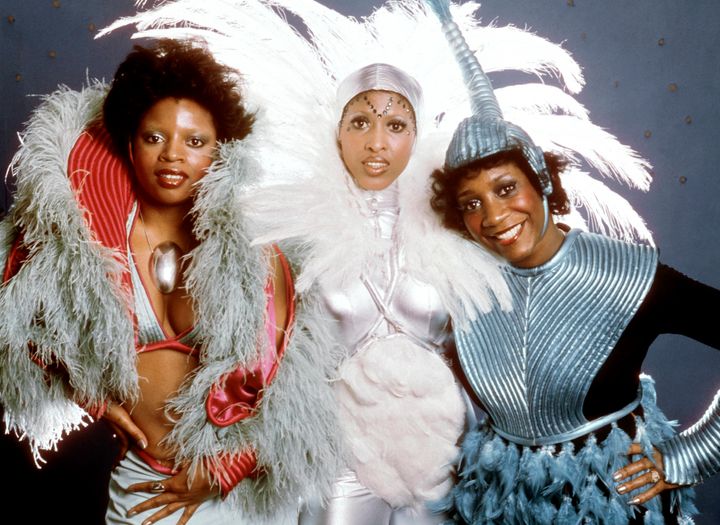 Posed studio group portrait L-R Sarah Dash, Nona Hendryx and Patti LaBelle as popular vocal group, Labelle.
