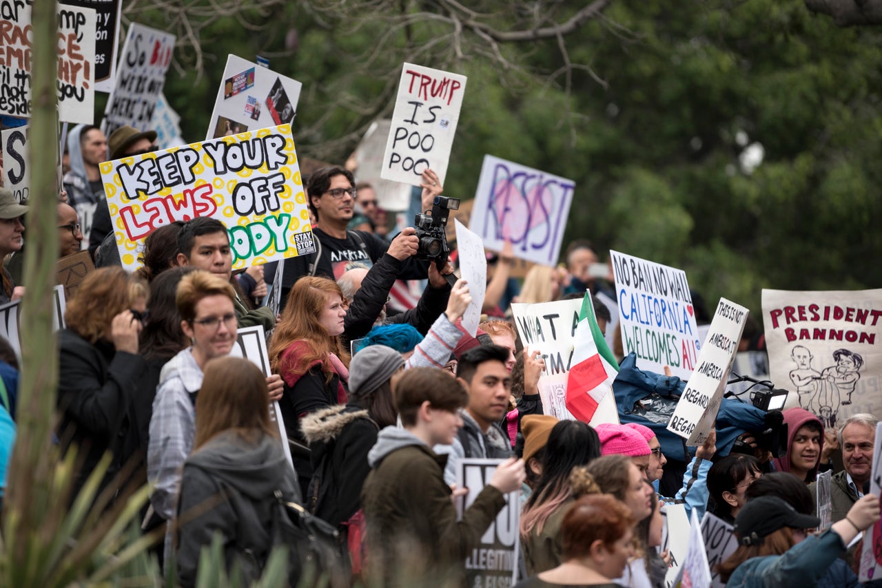 Anti-Trump protesters came out during the Not My President's Day rally in Los Angeles on Feb. 20. Protesters denounced a variety of Trump's policies including the Muslim ban and deportations of undocumented immigrants.