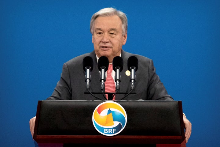 U.N. Secretary-General Antonio Guterres speaks during the opening ceremony of the Belt and Road Forum at the China National Convention Center in Beijing, May 14.