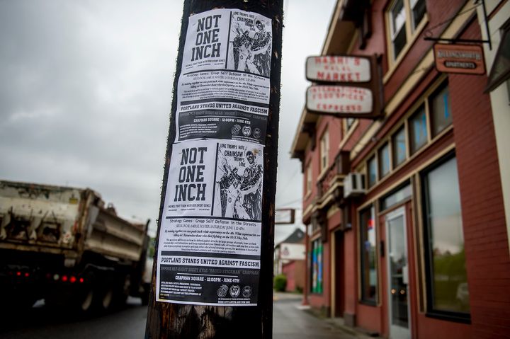 An Anti-Fascist, or Antifa, poster outside of a halal market near the Muslim Community Center of Portland on May 30, 2017, advertises training for "group self-defense in the streets." Antifa groups are planning on disrupting a rally on June 4 across from Portland City Hall featuring white nationalists and alt-right celebrity Kyle Chapman. "Remember those who died fighting on the MAX May 26th," the poster says.
