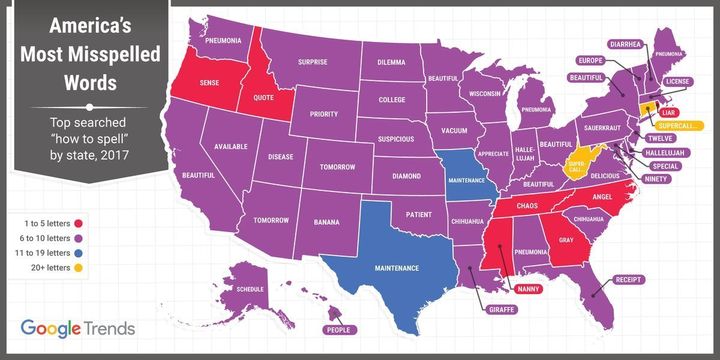Which word does your state most commonly ask Google to spell?