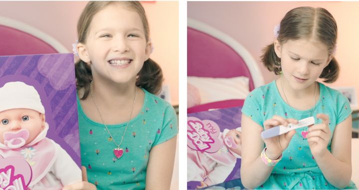 Two scenes from the Save The Children video, showing a young girl's shock at finding a pregnancy test instead of a doll in a box she opens.