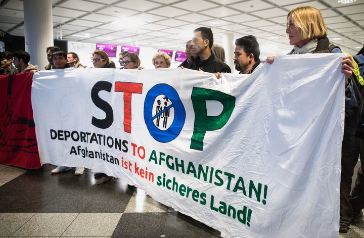 People take part in a demonstration against the deportation of some 50 Afghan refugees from the Munich airport on Feb. 22.