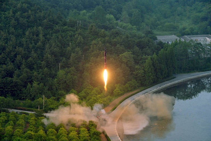 An unverified photo of the ballistic rocket test-fired on May 30 released by North Korea’s Korean Central News Agency.