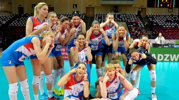 The Serbian women’s volleyball team after their win against Poland.