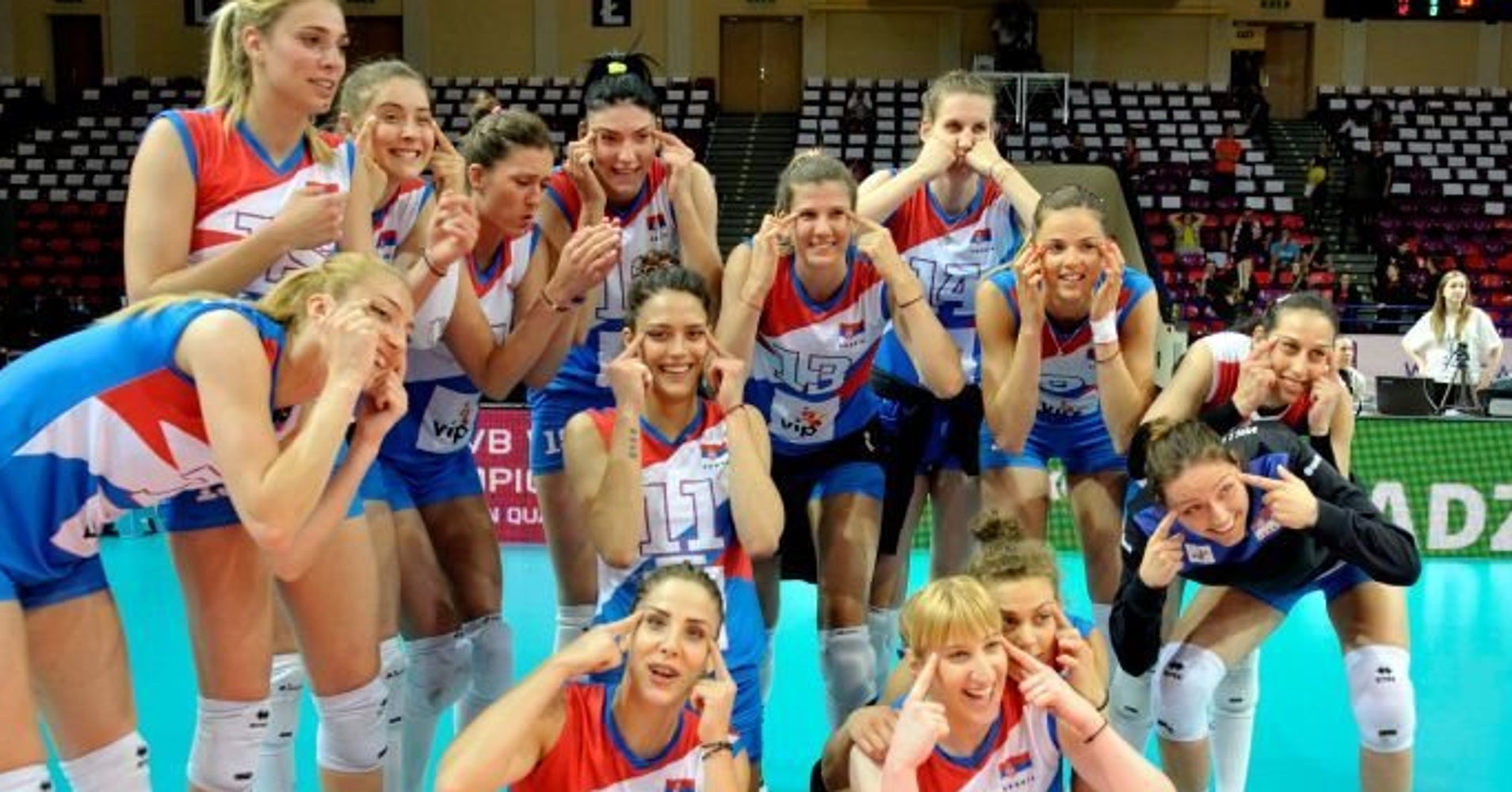 Serbian Women's Volleyball Team Celebrates Win With Offensive Photo