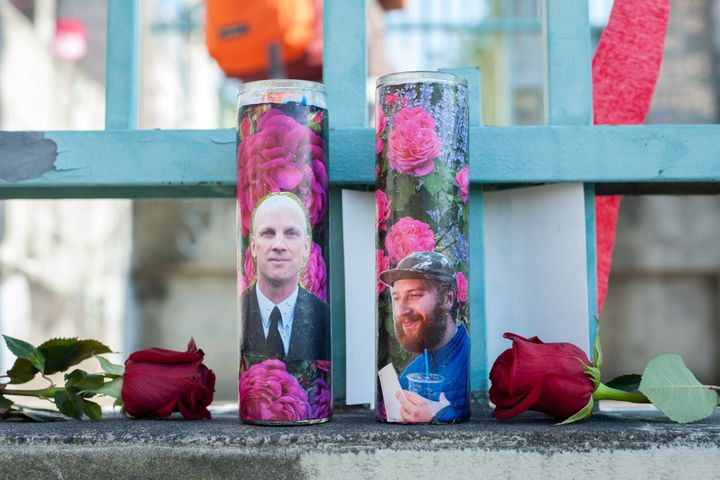 The memorial for the victims of the brutal stabbings at the Portland MAX light rail on Friday May 26 at Holliwood Transit Center Park and Ride.