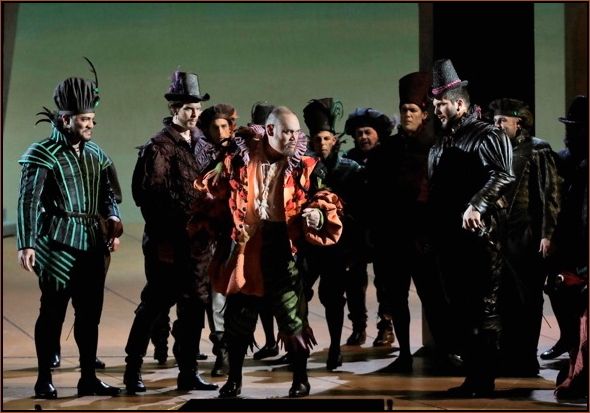 Quinn Kelsey as Rigoletto (center), Amitai Pati as Borsa, Anthony Reed as Ceprano and Andrew G. Manea as Marullo. SF Opera 2017.