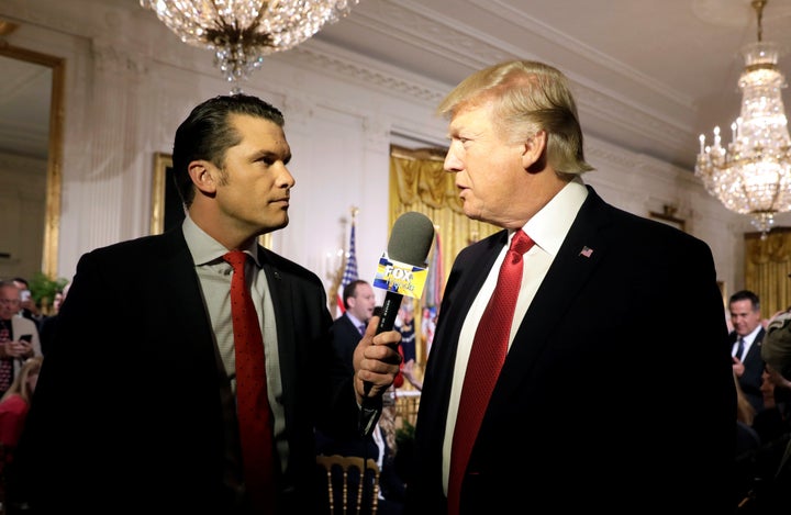 President Donald Trump is interviewed by Pete Hegseth of Fox News at the White House last month.