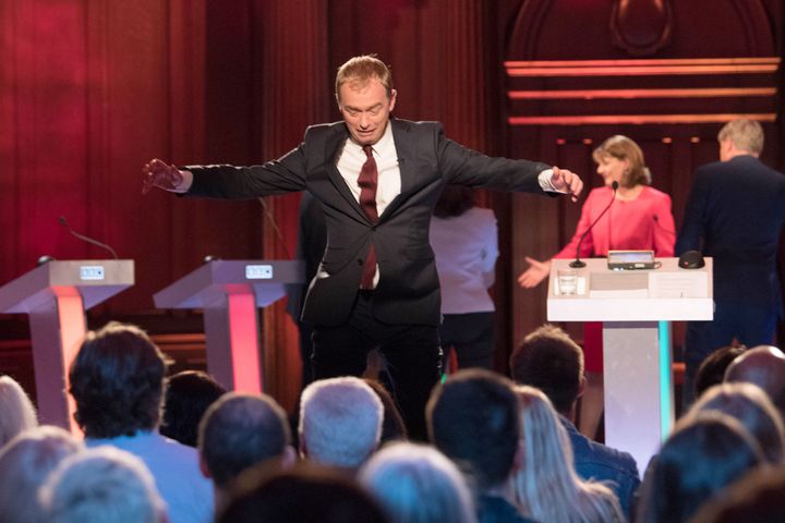 Farron leaps off the stage after taking part in the BBC Election Debate.
