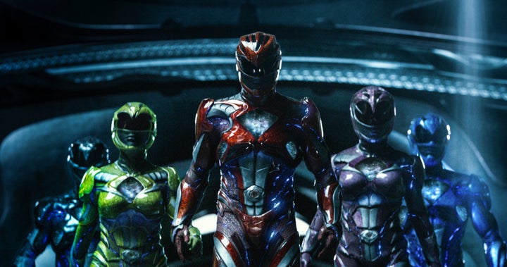 From left to right: Zack the Black Ranger (Ludi Lin), Trini the Yellow Ranger (Becky G), Jason the Red Ranger (Dacre Montgomery), Kimberly the Pink Ranger (Naomi Scott) and Billy the Blue Ranger (RJ Cyler)