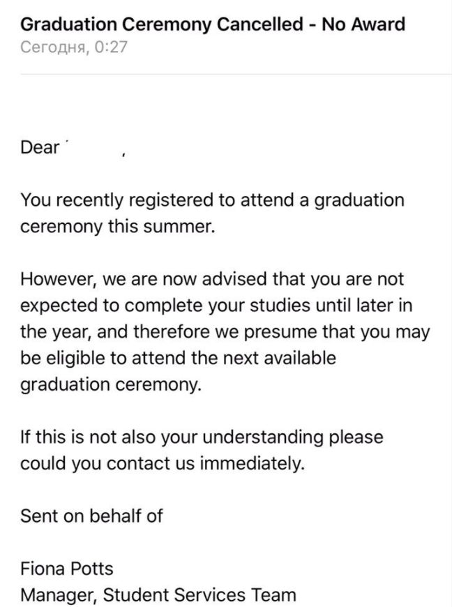 Final year students were sent an email telling them won't graduate this summer 