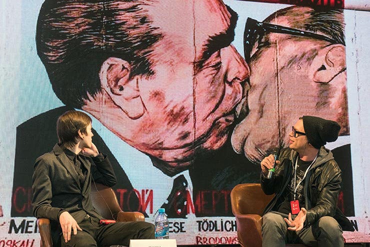 Artist Pasha Kas and the UN’s Denis Leo Hegic discussing <em>My God, Help Me to Survive This Deadly Love</em> sometimes refer