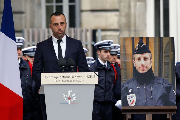 Etienne Cardiles (left) spoke at an April memorial for Xavier Jugelé.