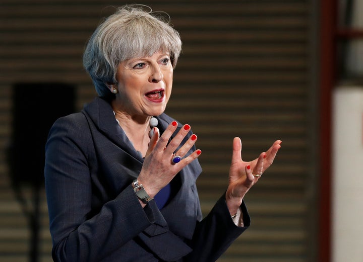 British Prime Minister Theresa May speaks at an election campaign event in Guisborough, England, on June 1, 2017.