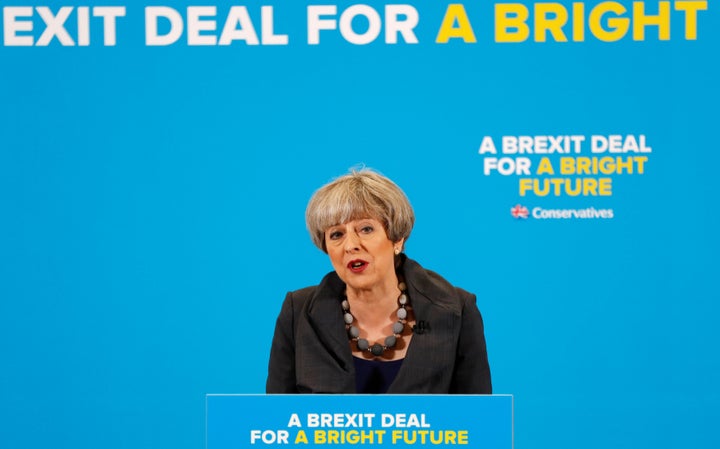 British Prime Minister Theresa May speaks at an election campaign event in Guisborough, England.