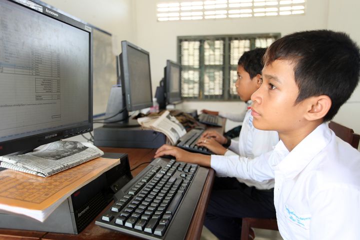 Students practicing their Microsoft Excel skills, part of the Caring for Cambodia’s Information and Communication Technology program (ICT). Location: Hun Sen Bakong High School, Siem Reap. (School that Michelle Obama visited in March 2015.)