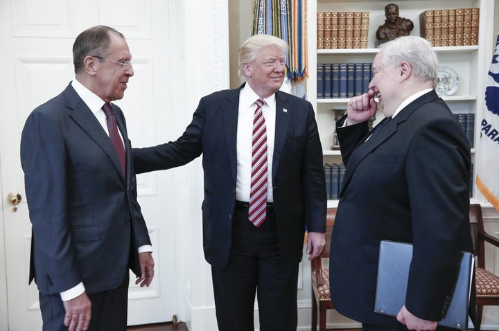 Trump (center), meeting with Russian foreign minister Sergei Lavrov (left) and ambassador Sergei Kislyak (right), on May 10.