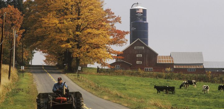Tractor on farm road with barn and silo in background in autumn, VT