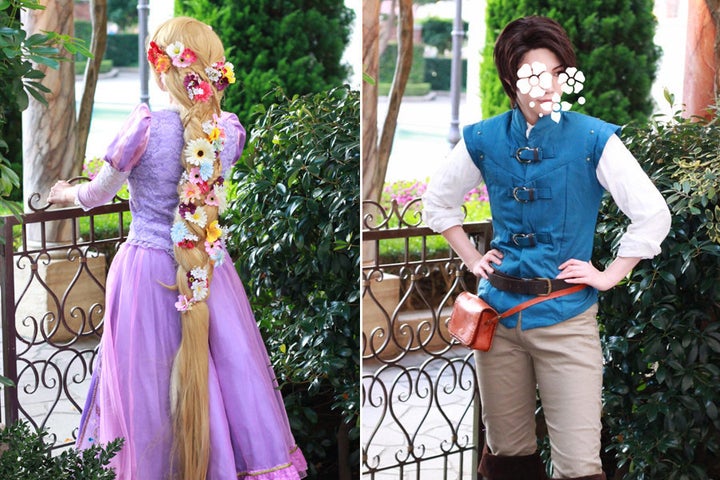 Haru dressed as Rapunzel and Ryo dressed as Flynn Rider for the engagement. 