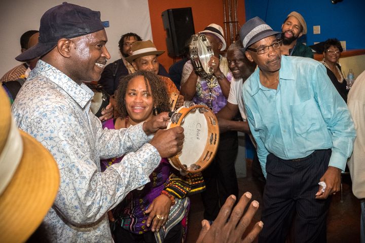 Shaka Zulu, left, and Darryl Montana, right, at their final practice before Carnival Day at the Basin Street Lounge in New Orleans on February 26, 2017. 