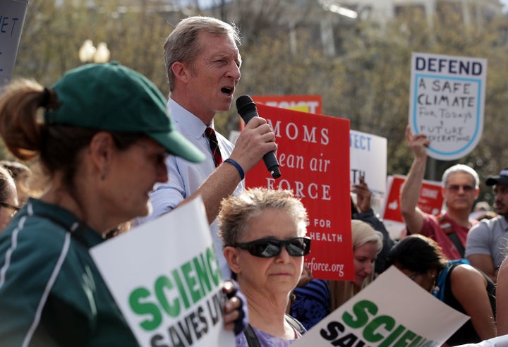 Environmentalist Tom Steyer speaks during a protest outside the White House on March 28 in Washington. Activists protest against President Donald Trump's executive order to roll back President Barack Obama's rules to cut greenhouse gas emissions from power plants.