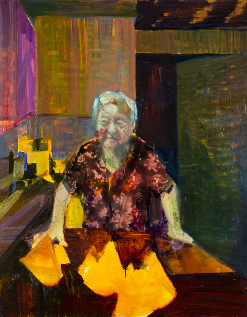 <em>Memories of Watermelons</em> 2017, oil & fabric on canvas, 54 x 43"