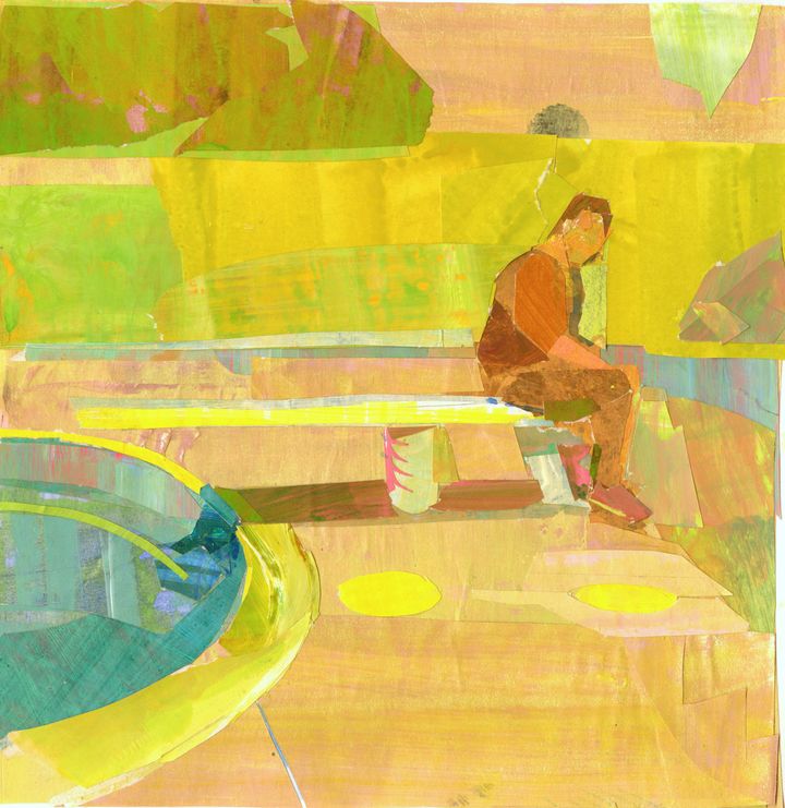 Sunbathing Yellow 2016, gouache, collage and Washi tape on paper, 10 x 10"