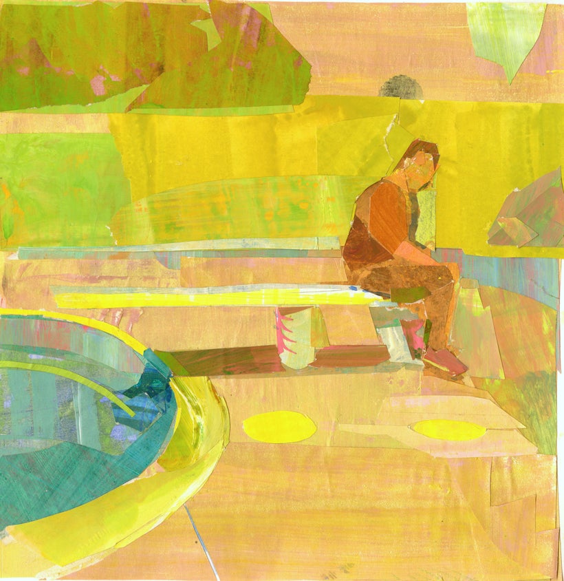 <em>Sunbathing Yellow</em> 2016, gouache, collage and Washi tape on paper, 10 x 10"