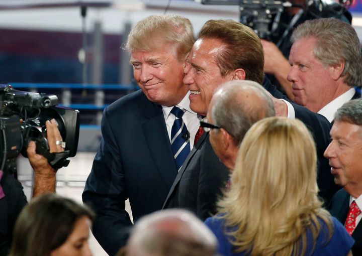 Schwarzenegger and Donald Trump at the second official Republican presidential candidates debate of the 2016 US presidential campaign