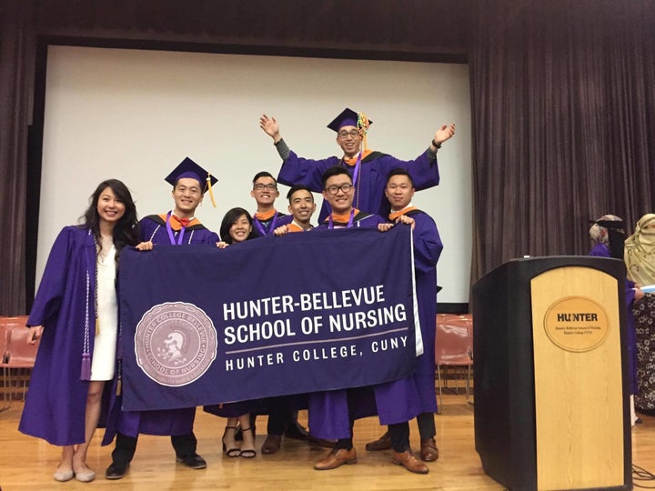 Alcantara and his fellow nursing graduates giving him his "own little ceremony" after he missed the real one.